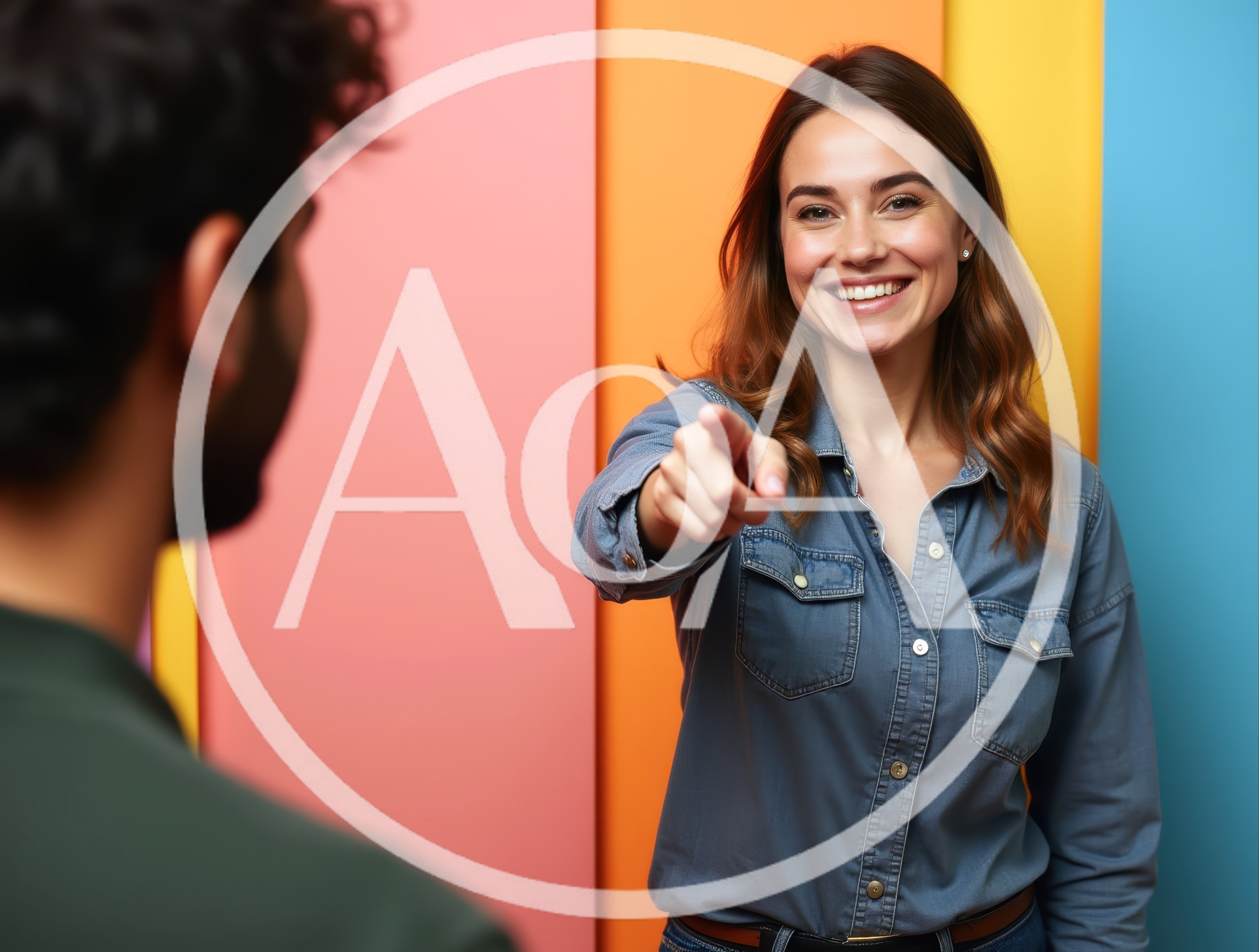 Smiling Woman Pointing At Man Against Colorful Background