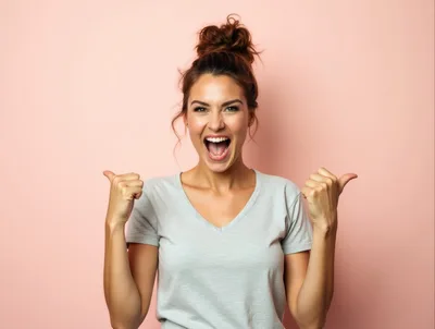 Excited Young Woman Pointing To The Sides