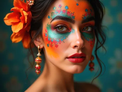 Portrait Of A Woman With Vibrant Floral Face Paint