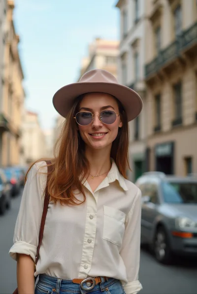 Young Woman Wearing Fedora And Sunglasses In City Street