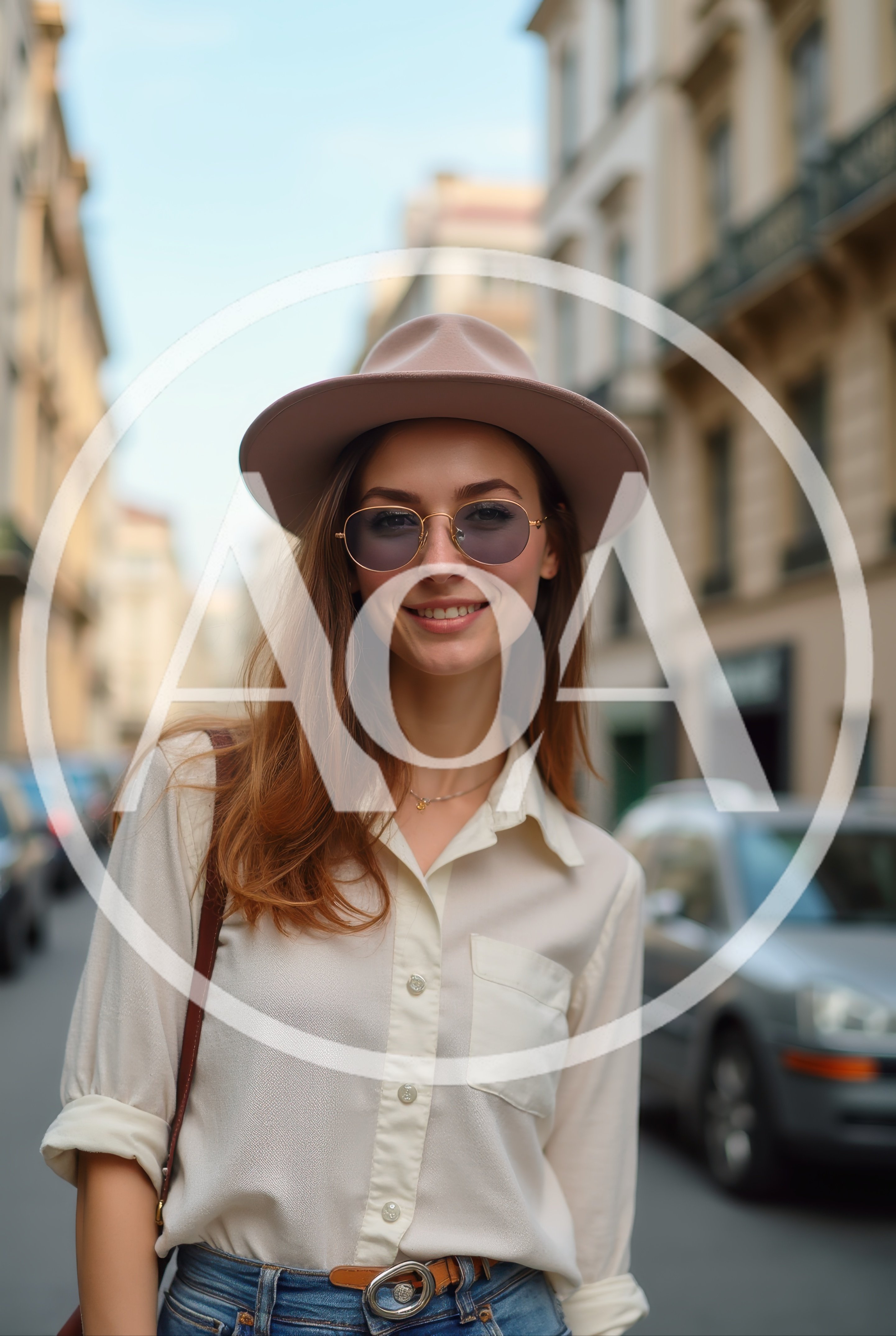 Young Woman Wearing Fedora And Sunglasses In City Street