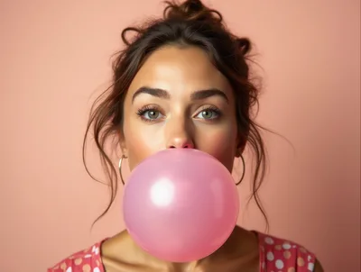 Young Woman Blowing A Large Pink Bubblegum Bubble