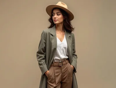 Stylish Woman Wearing Fedora Hat And Trench Coat