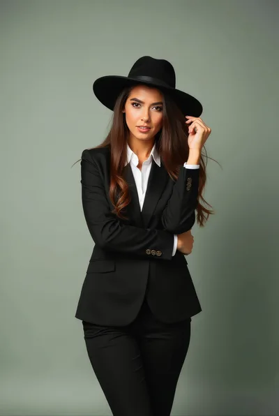 Stylish Businesswoman Wearing A Black Fedora And Suit