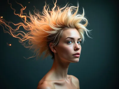 Portrait Of A Woman With Glowing Electric Hair