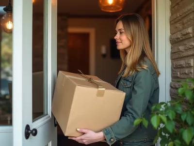 Young Woman Receiving A Package At Her Front Door