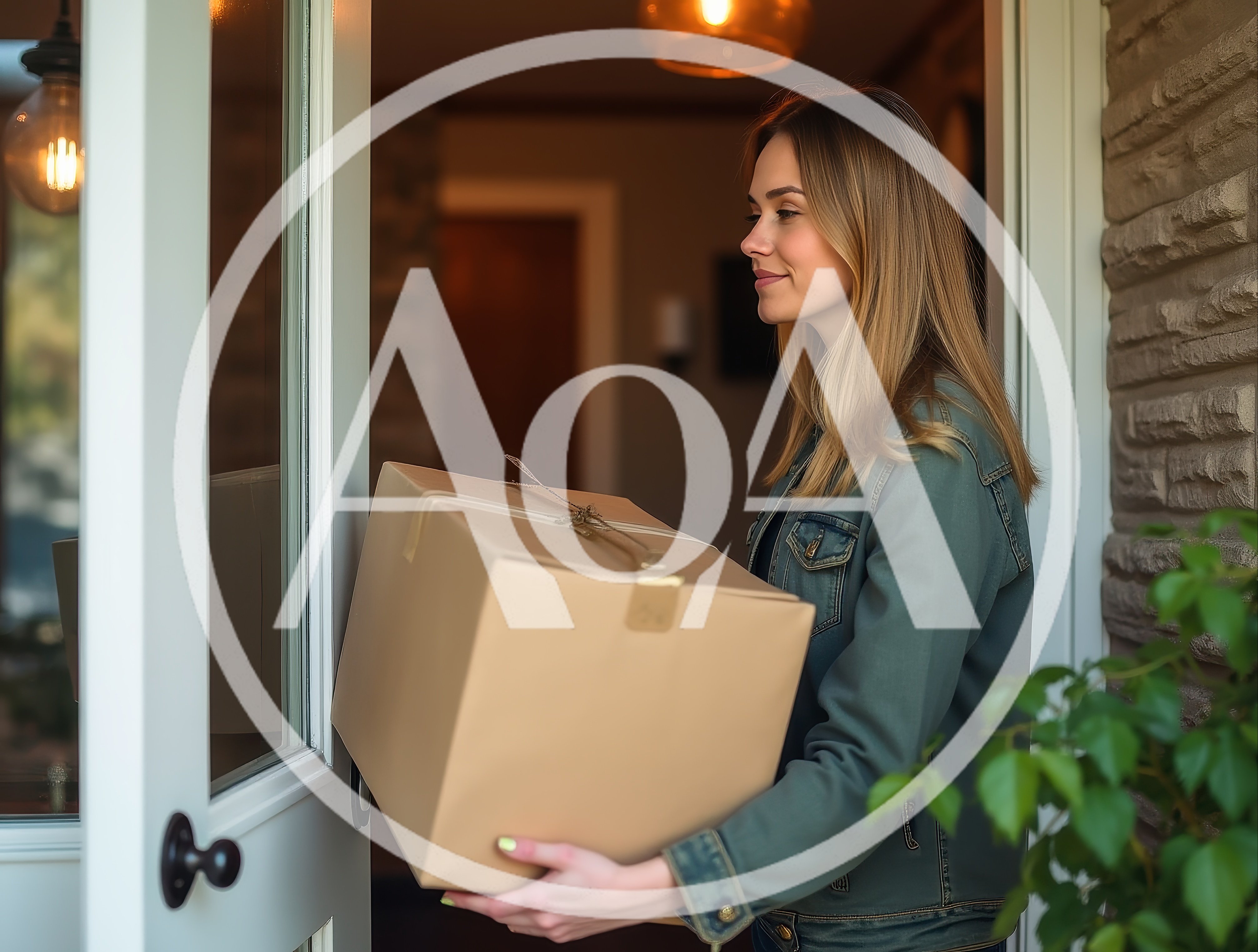 Young Woman Receiving A Package At Her Front Door