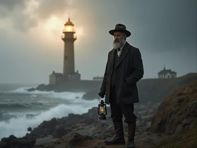 Victorian Lighthouse Keeper Standing on Rocky Coastline