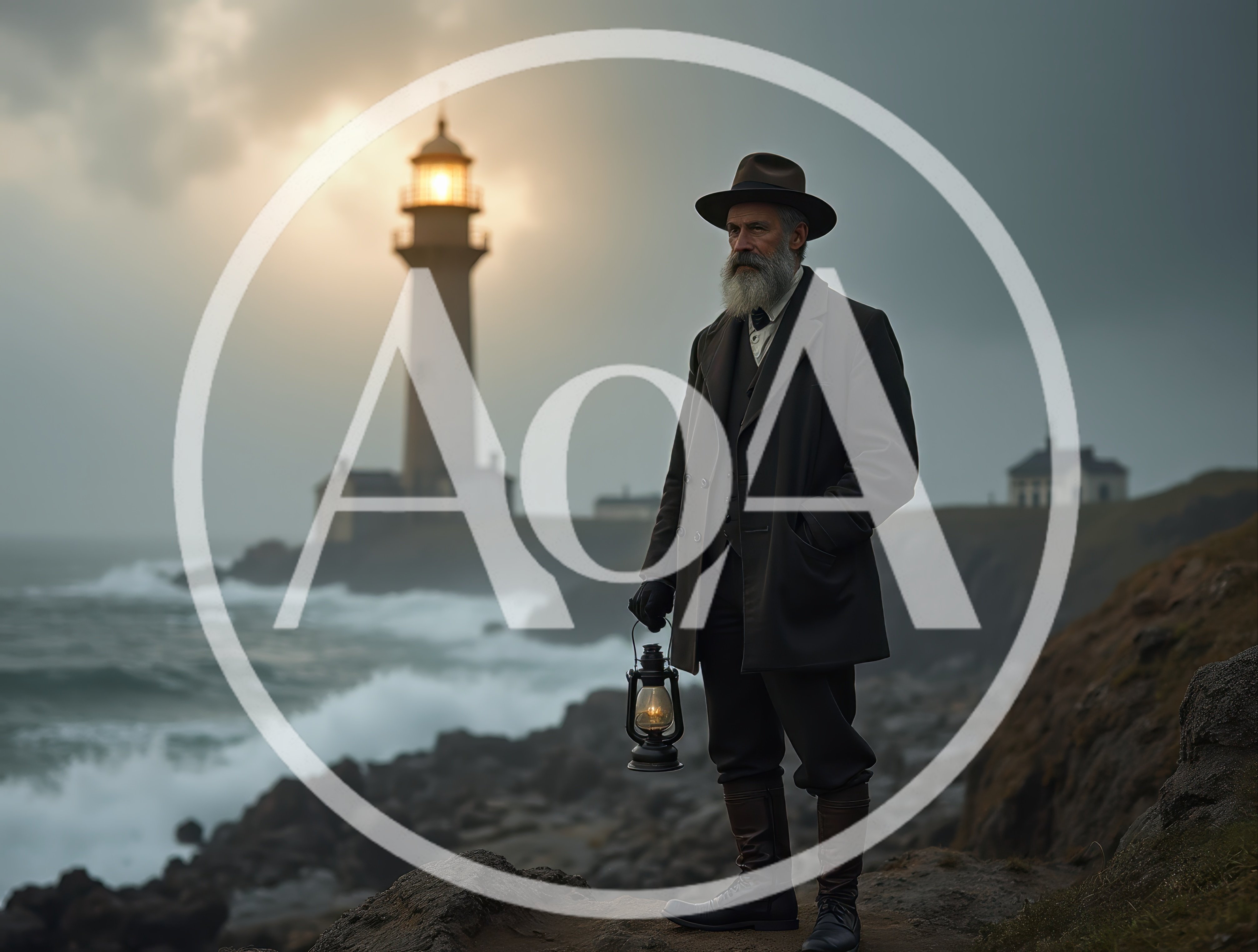 Victorian Lighthouse Keeper Standing on Rocky Coastline