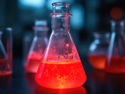 Glowing Red Chemical Solution In Laboratory Erlenmeyer Flask