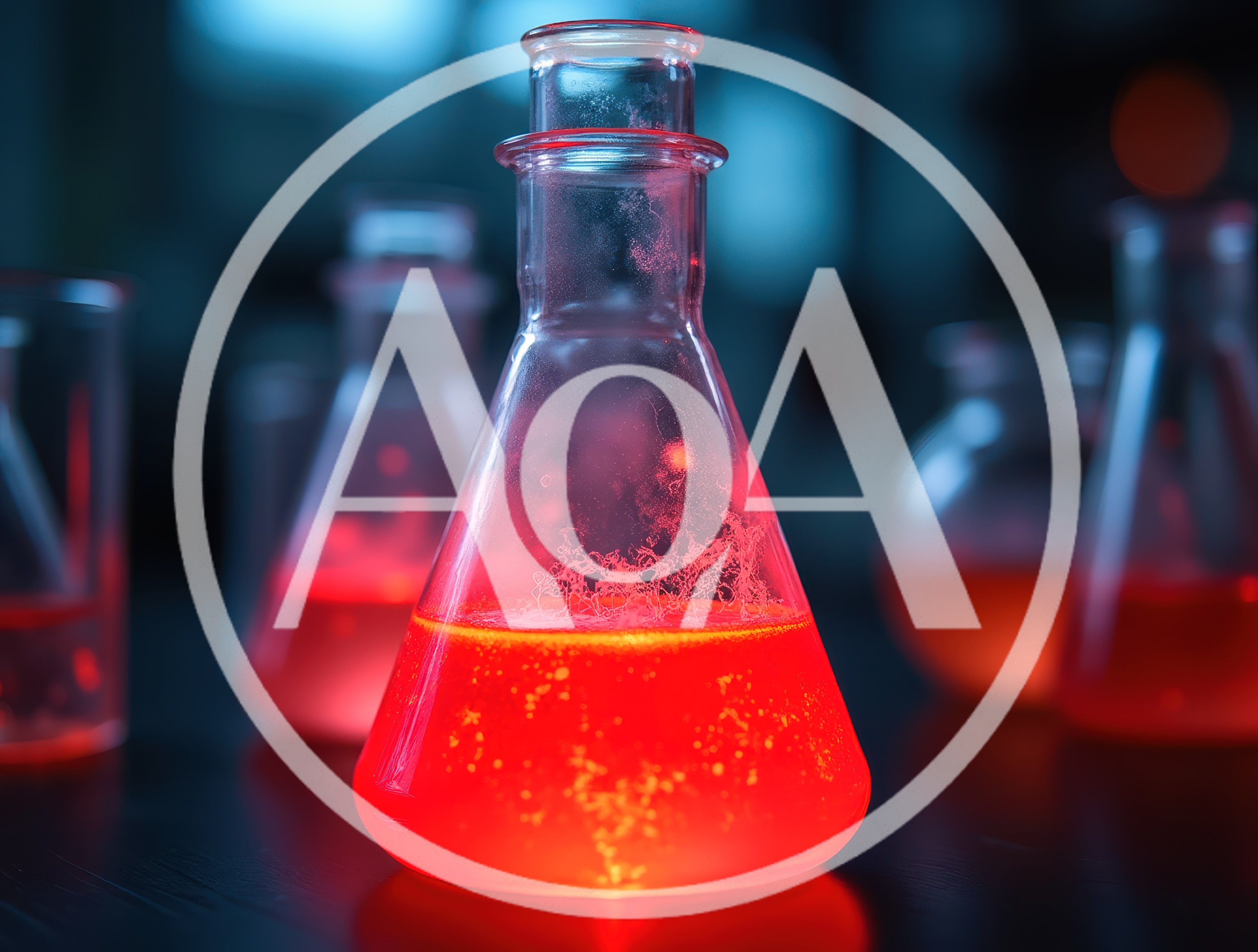 Glowing Red Chemical Solution In Laboratory Erlenmeyer Flask
