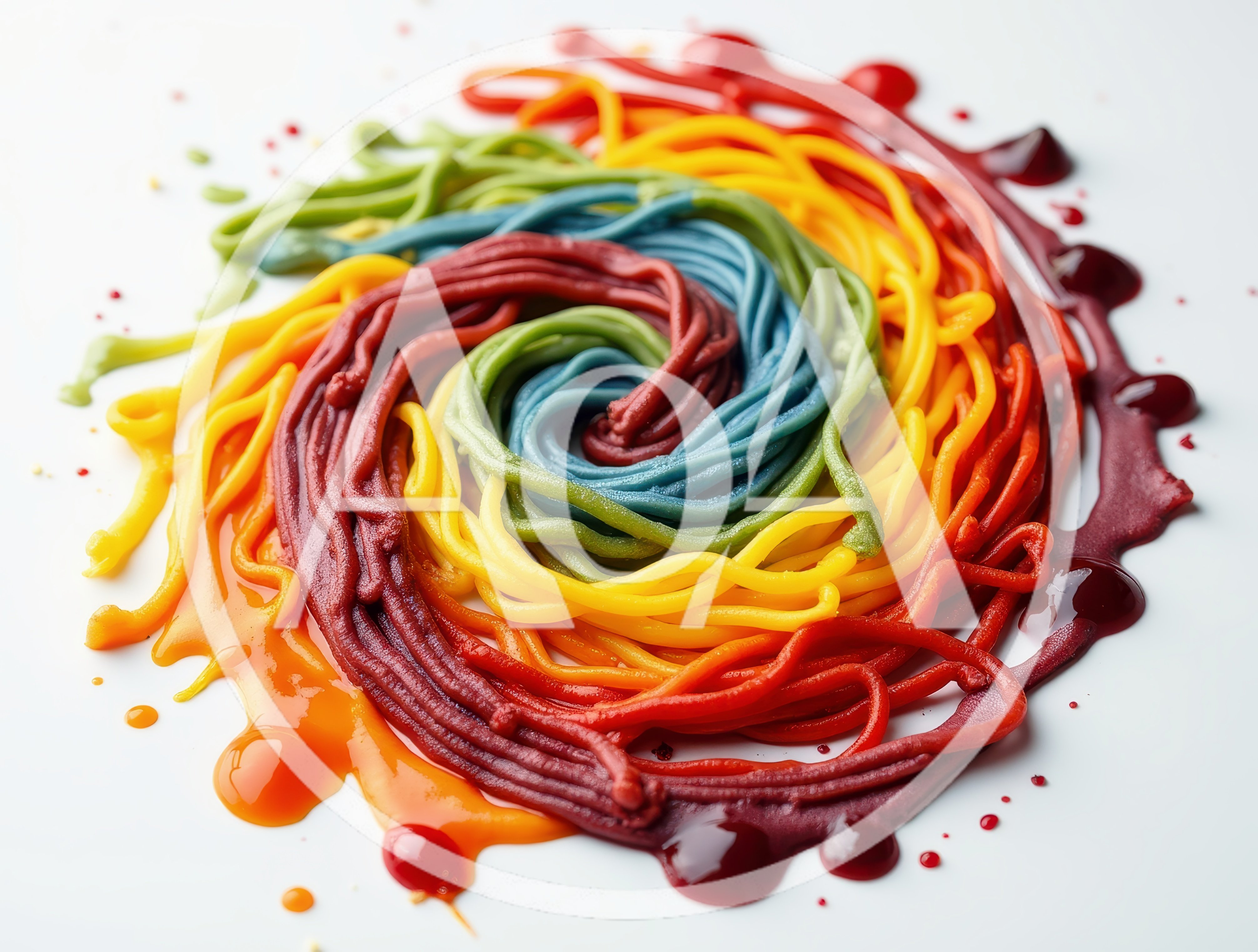 Colorful Rainbow Pasta Swirl on White Background