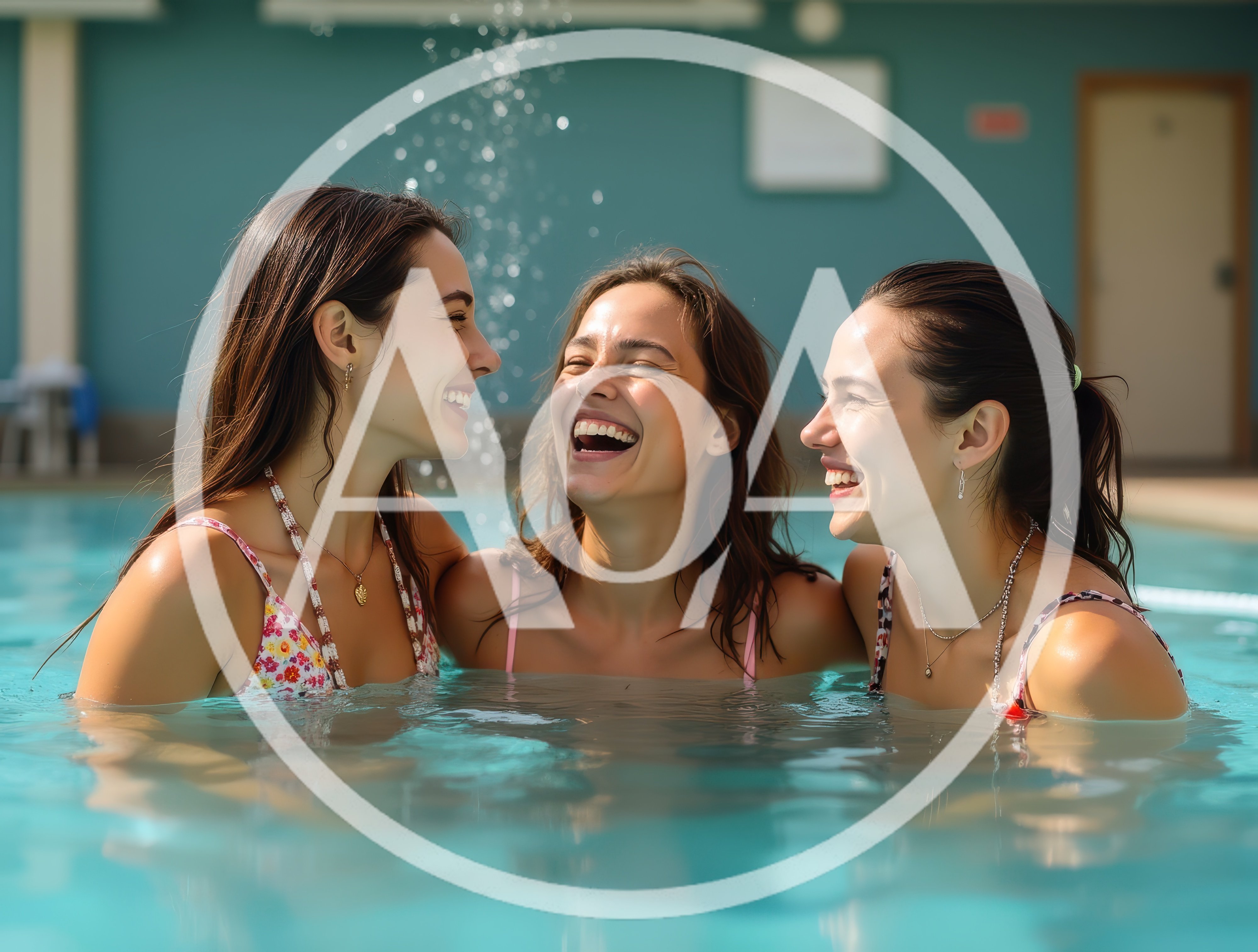 Three Young Women Laughing Together In A Swimming Pool
