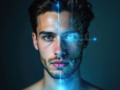 Digital Facial Recognition Scan On Young Man