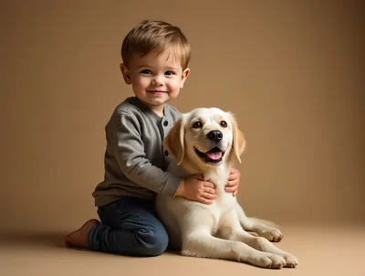 Toddler Boy Hugging A Golden Retriever Puppy