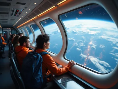 Passengers Looking Out Window Of Spacecraft At Earth