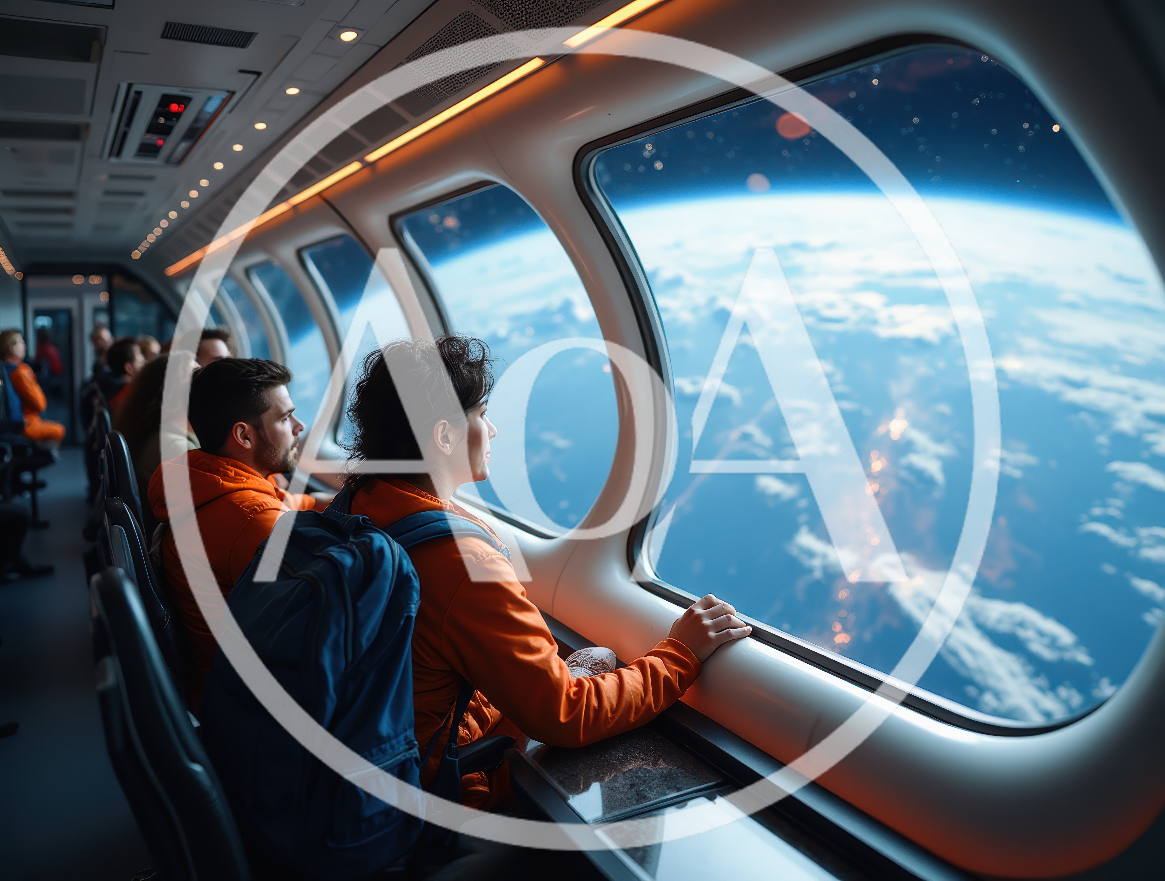 Passengers Looking Out Window Of Spacecraft At Earth
