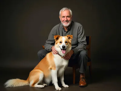 Senior Man Sitting With His Dog In Studio