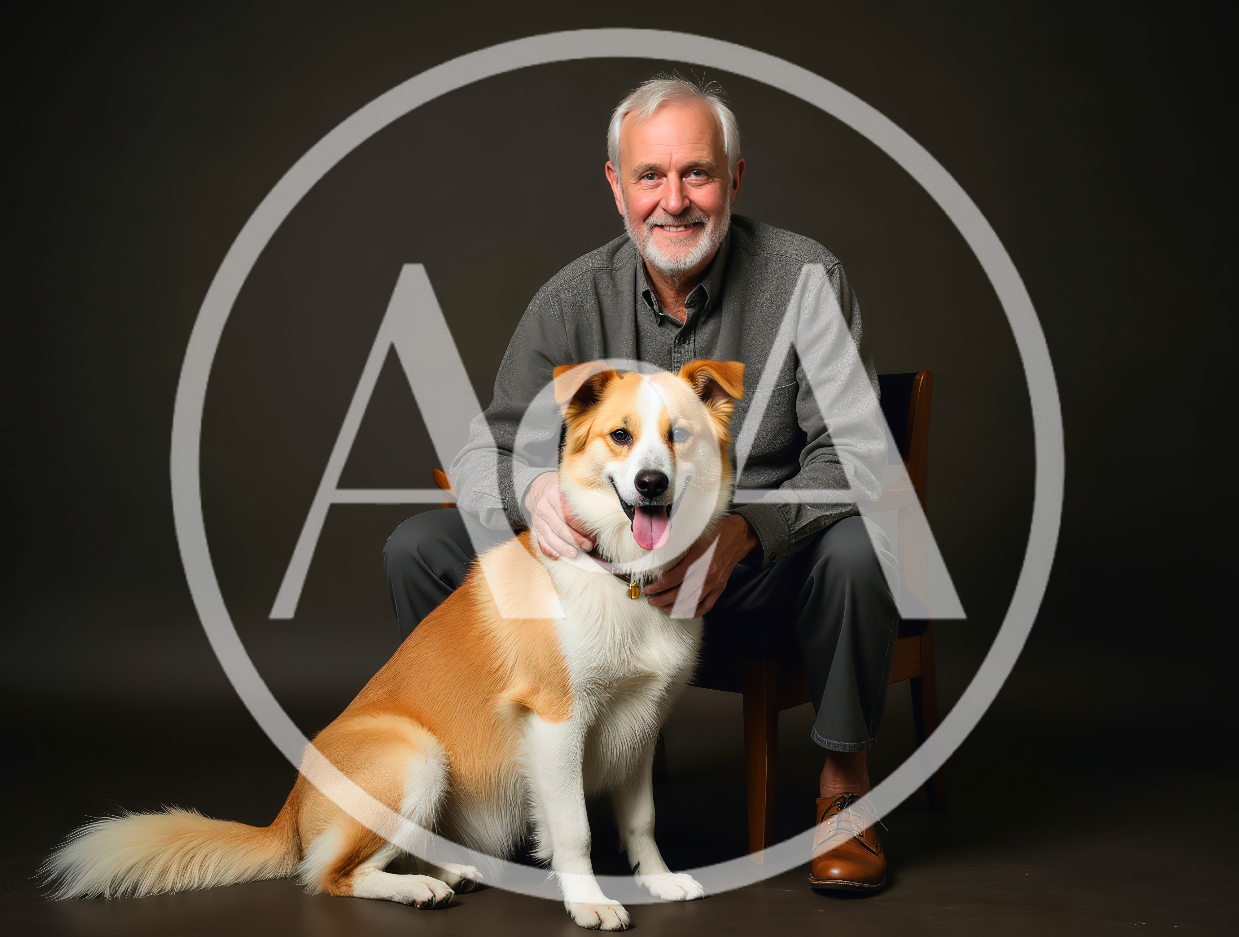 Senior Man Sitting With His Dog In Studio