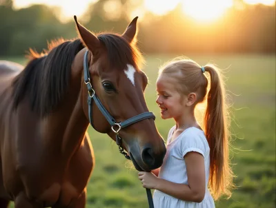 Young girl grooming her horse at sunset in a field