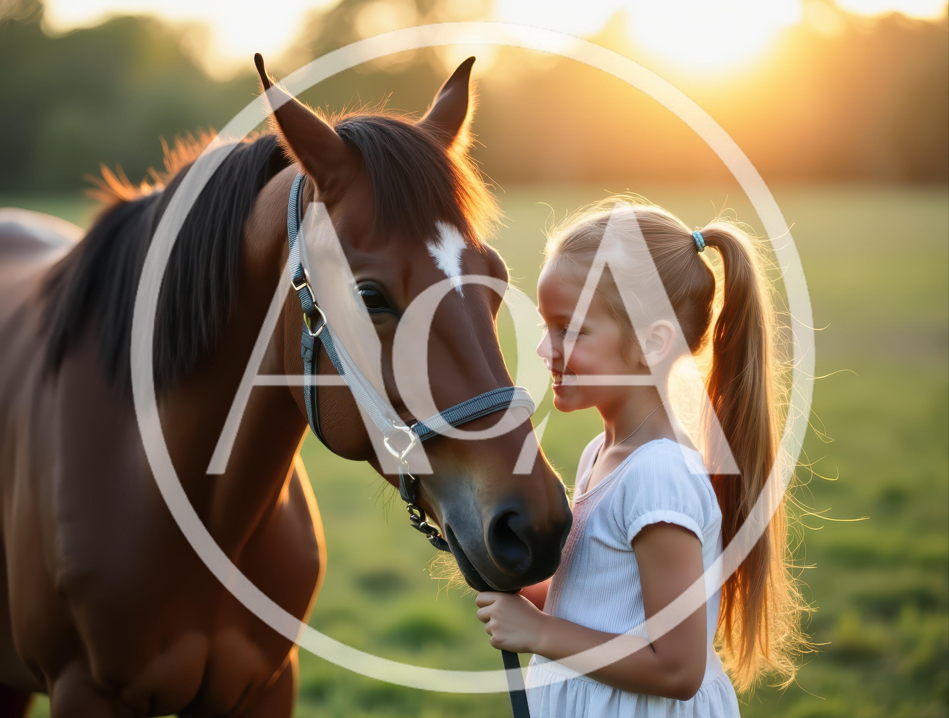Young girl grooming her horse at sunset in a field