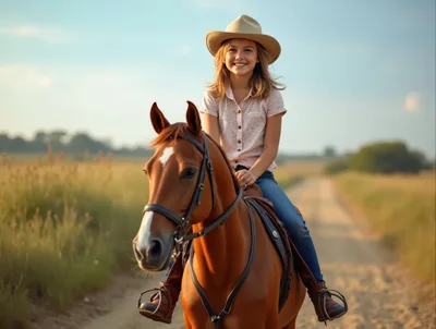 Young Girl Riding A Horse On A Country Road