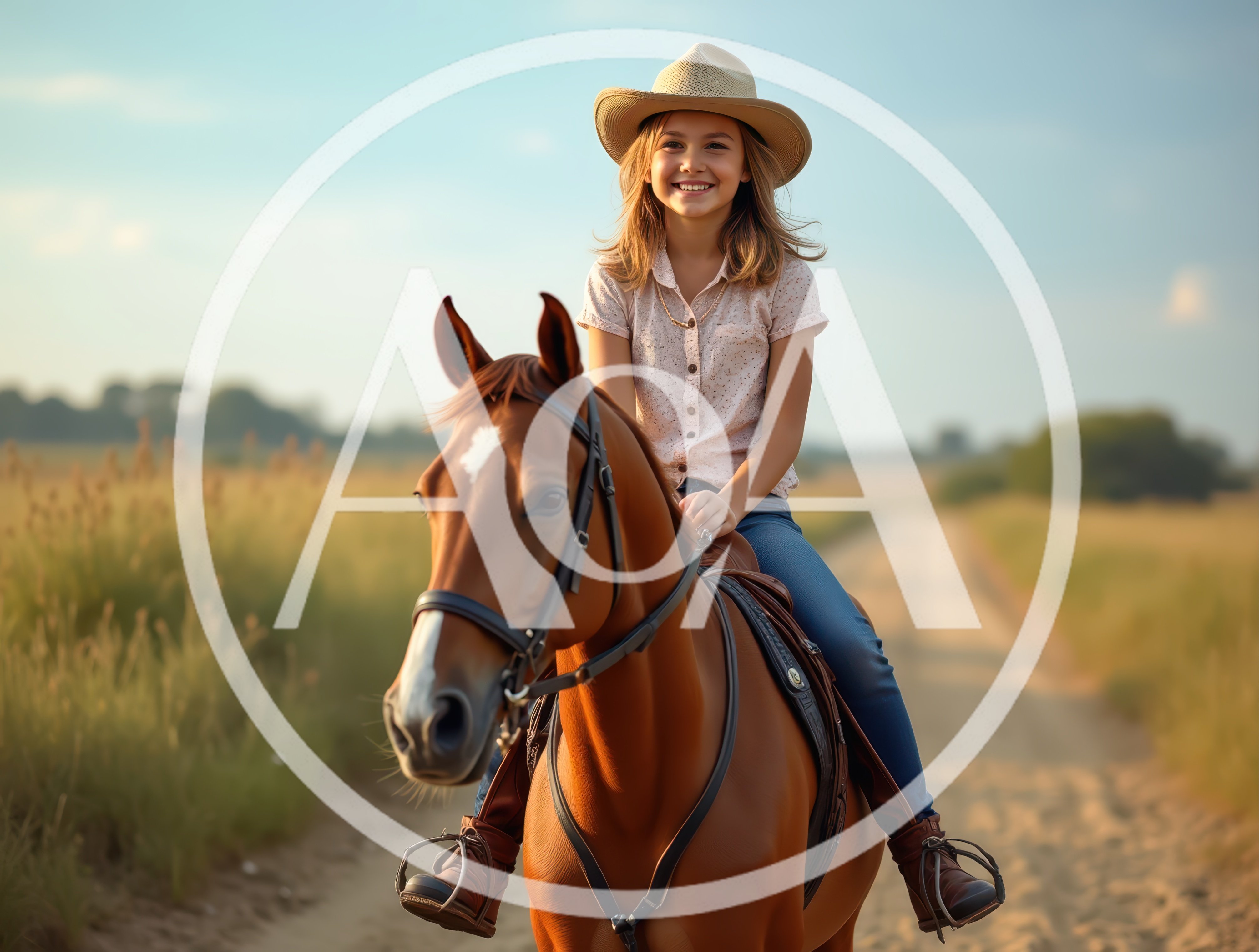 Young Girl Riding A Horse On A Country Road