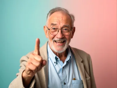 Happy Senior Man Pointing Upwards