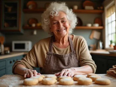 Elderly Woman Baking Cookies In A Cozy Kitchen