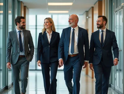 Professional Business Team Walking Through Modern Office Hallway