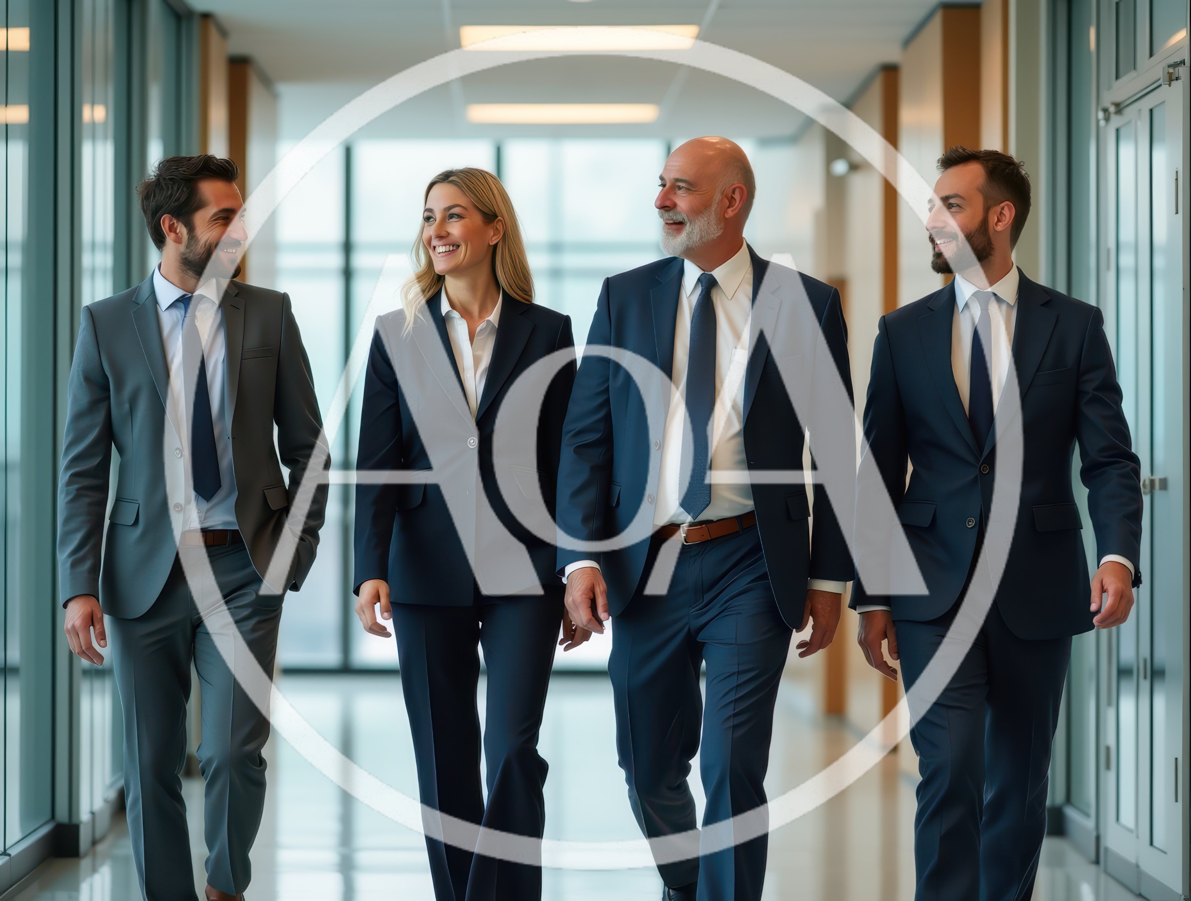 Professional Business Team Walking Through Modern Office Hallway