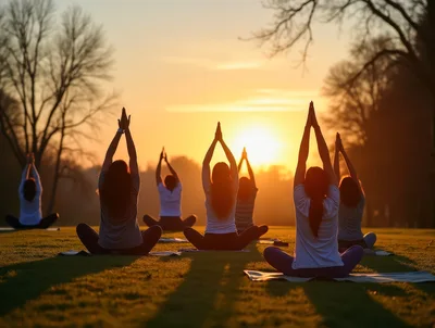 Group Of Women Practicing Yoga At Sunset