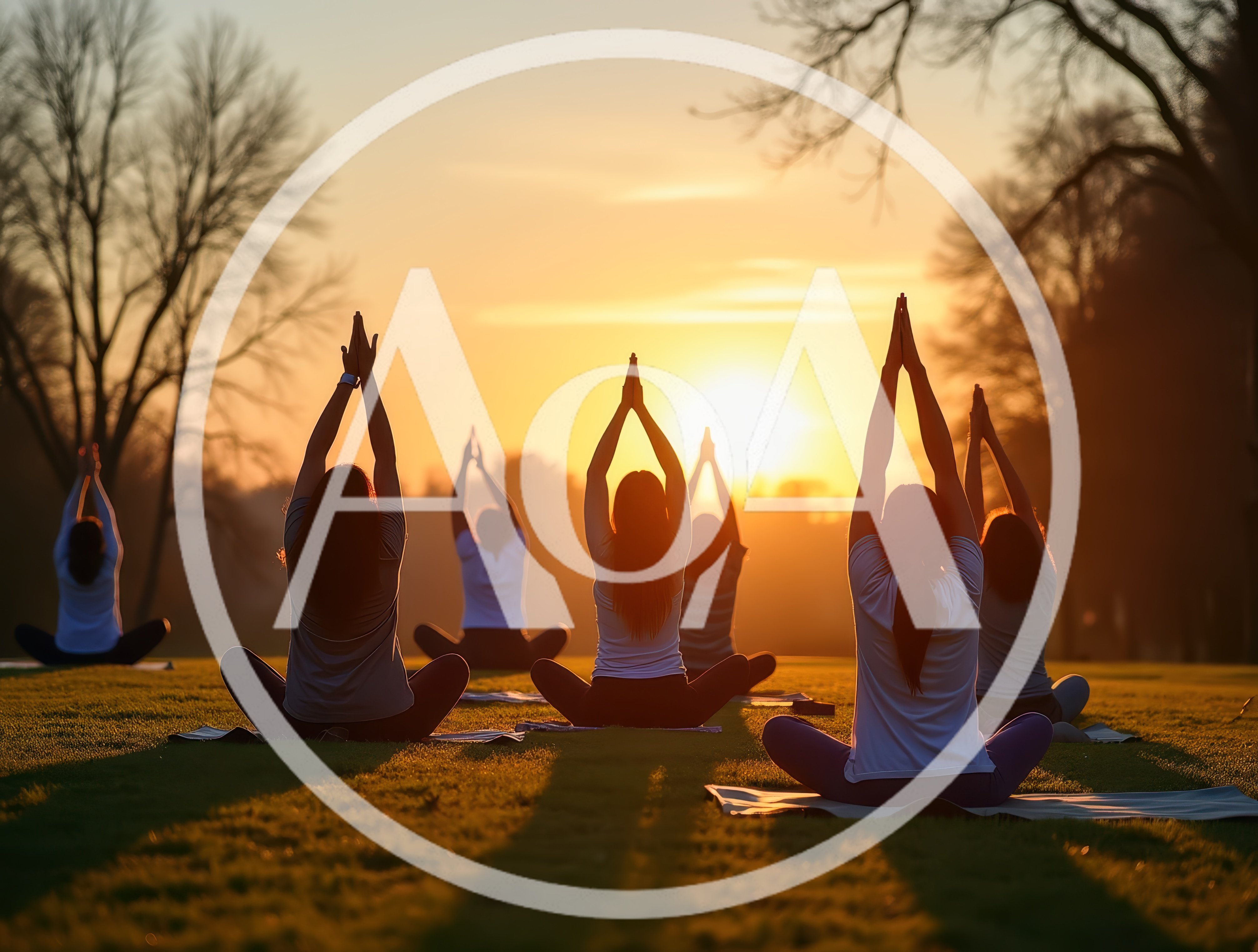 Group Of Women Practicing Yoga At Sunset