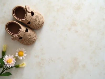 Pair of Baby Shoes with Flowers on Textured Background