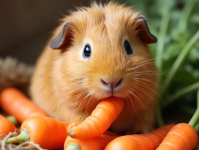 Cute Ginger Guinea Pig Eating Fresh Orange Carrot