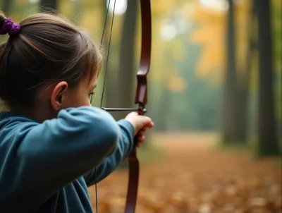 Young Girl Practicing Archery in Autumn Forest