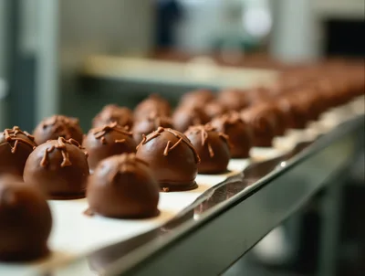 Chocolate Truffles Moving Along A Factory Conveyor Belt