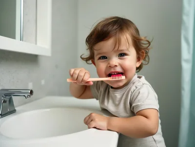 Toddler Brushing Teeth In Bathroom