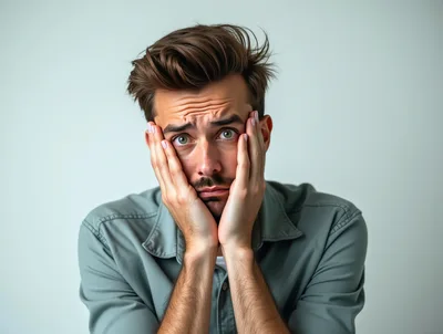 Stressed Young Man Holding His Face In Frustration