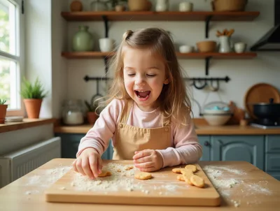 Little Girl Baking Cookies In A Cozy Kitchen
