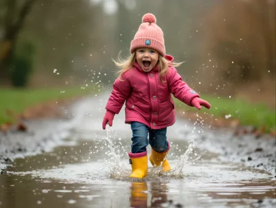 Happy Toddler Girl Jumping In A Muddy Puddle
