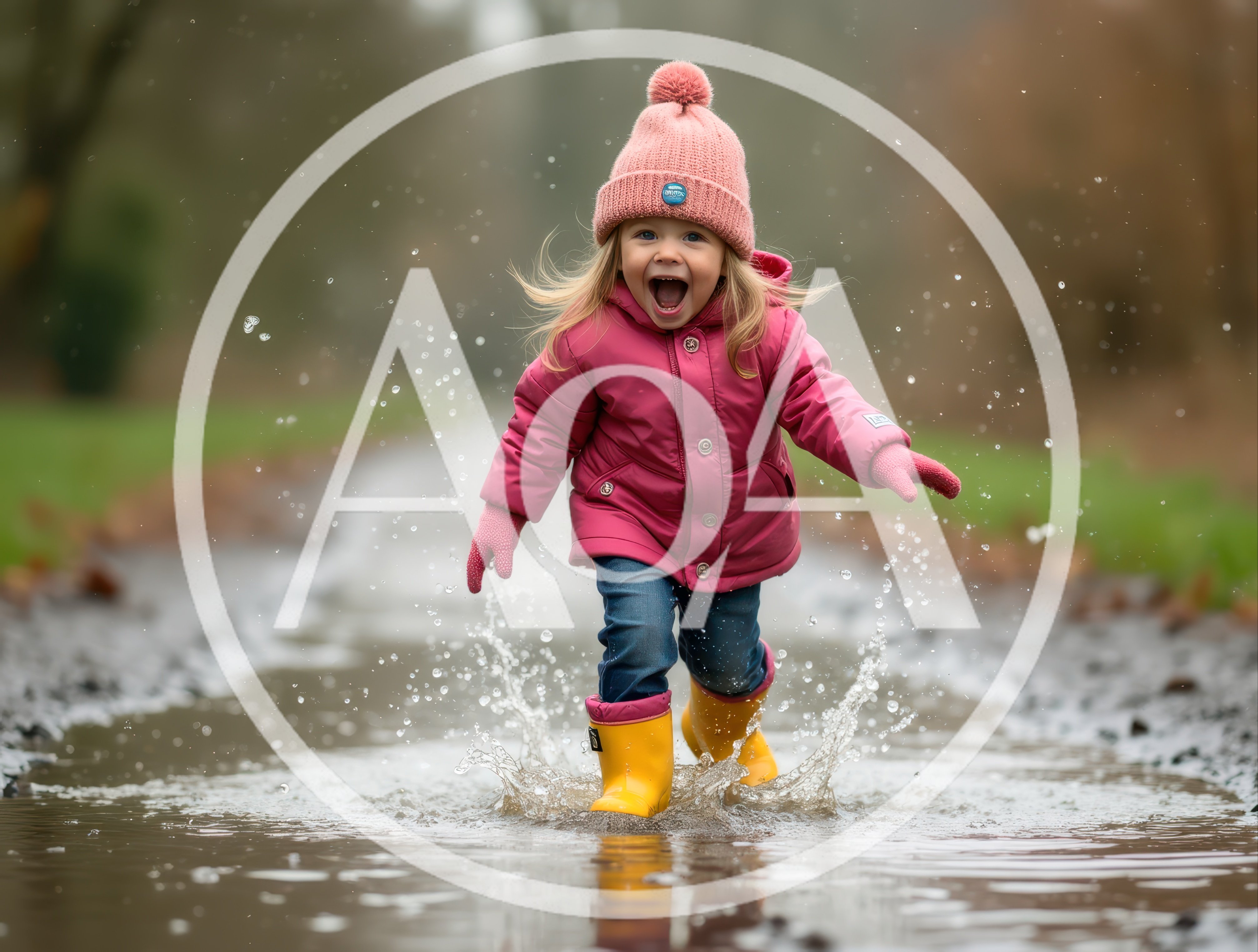 Happy Toddler Girl Jumping In A Muddy Puddle