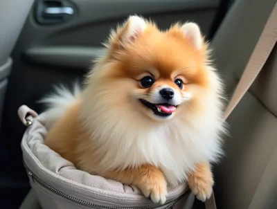 Cute Pomeranian Dog Sitting In A Car Carrier