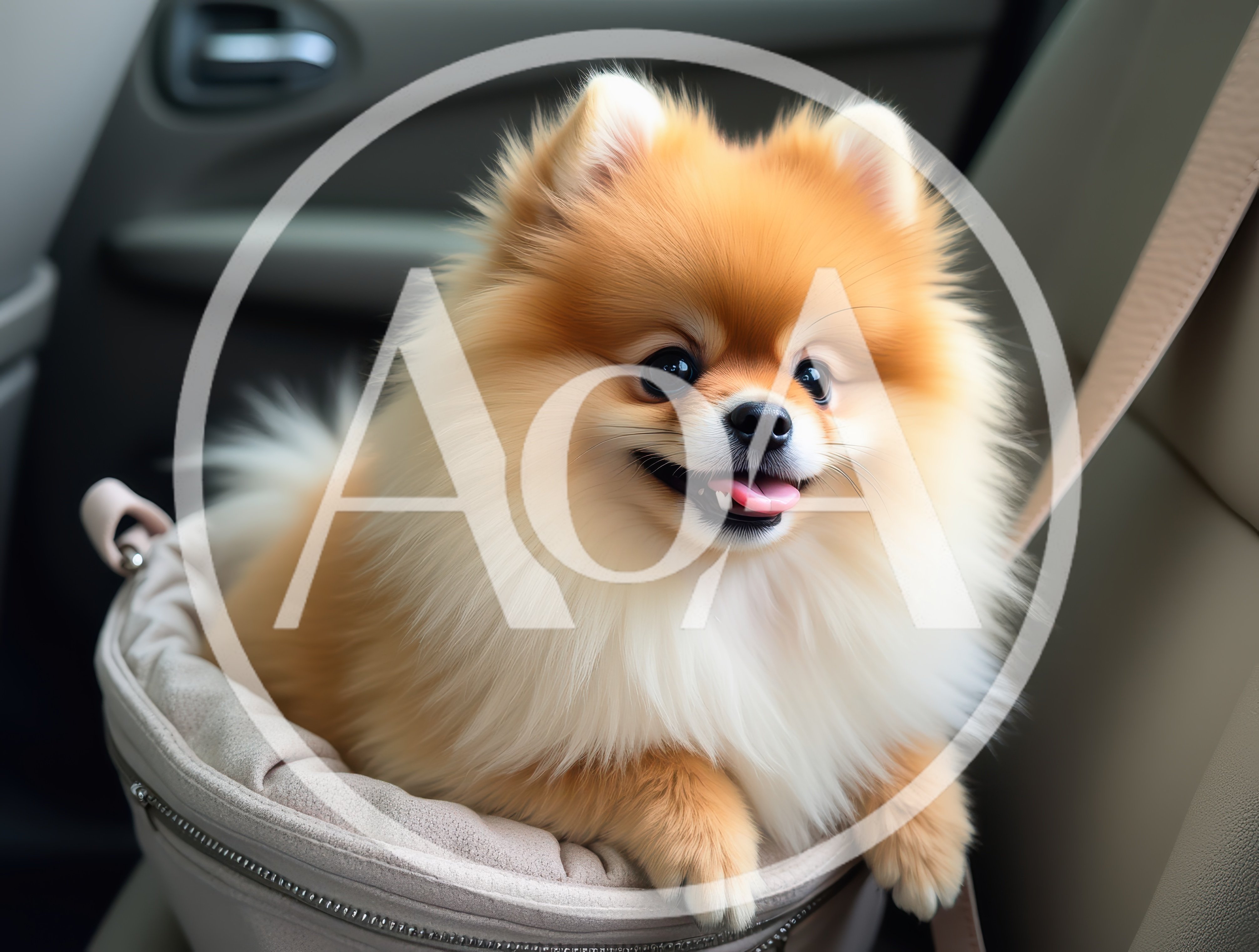 Cute Pomeranian Dog Sitting In A Car Carrier