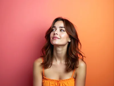 Young Woman Looking Upwards Against Gradient Background
