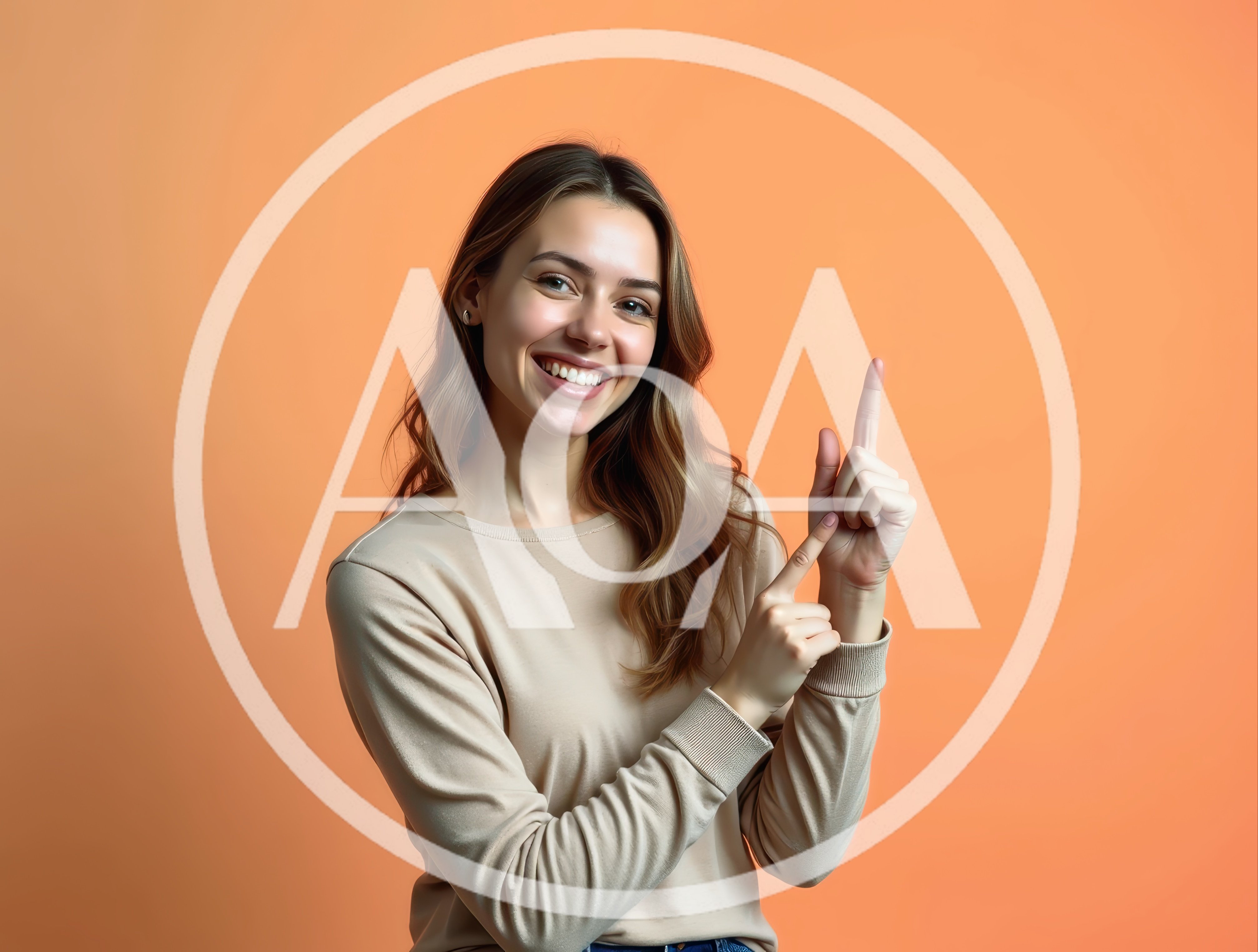 Smiling Young Woman Pointing Upwards Against Orange Background