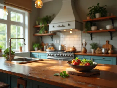 Fresh Salad Bowl On A Rustic Kitchen Island
