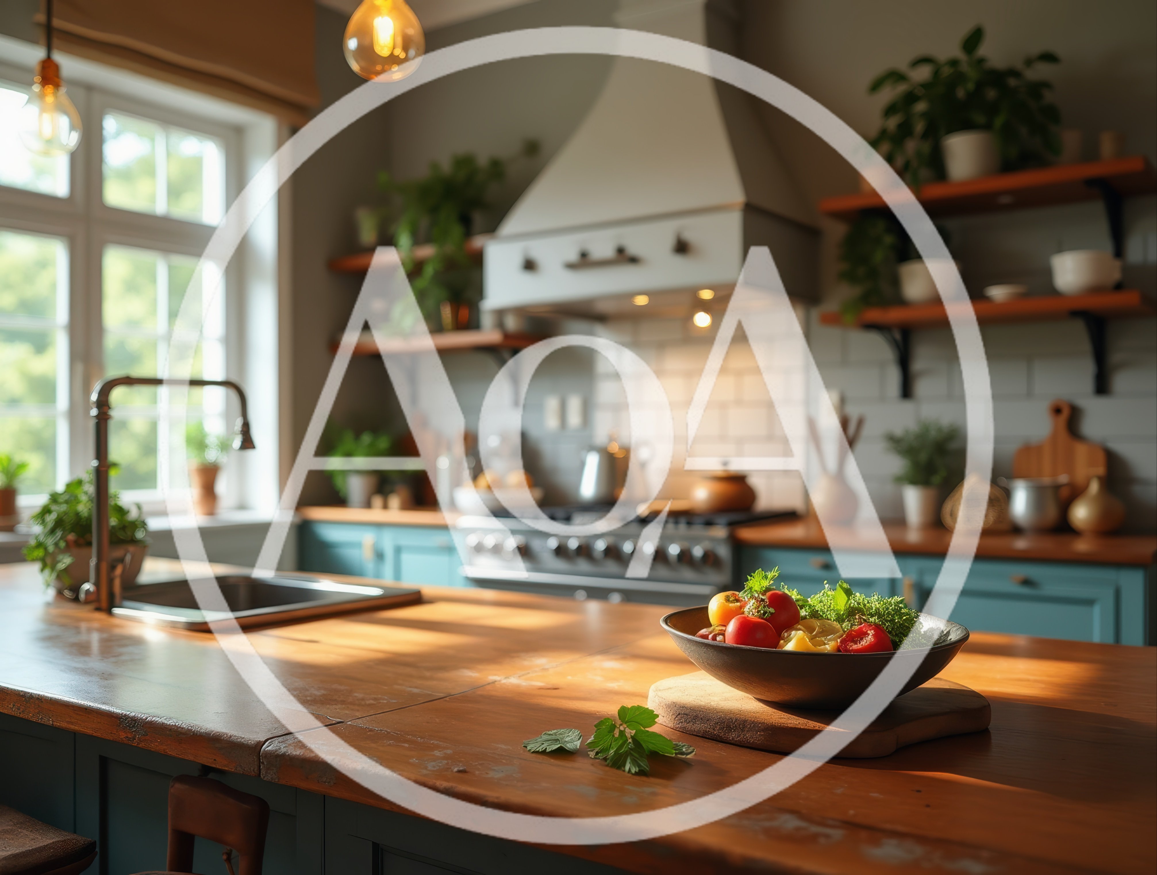 Fresh Salad Bowl On A Rustic Kitchen Island