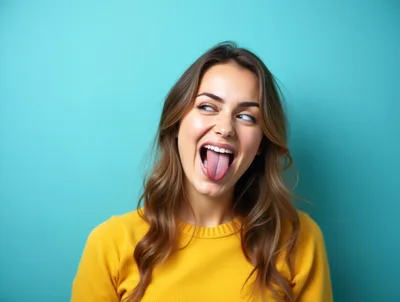 Young Woman Making A Silly Face Against Blue Background