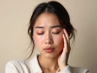 Young Asian Woman Touching Her Face With Eyes Closed